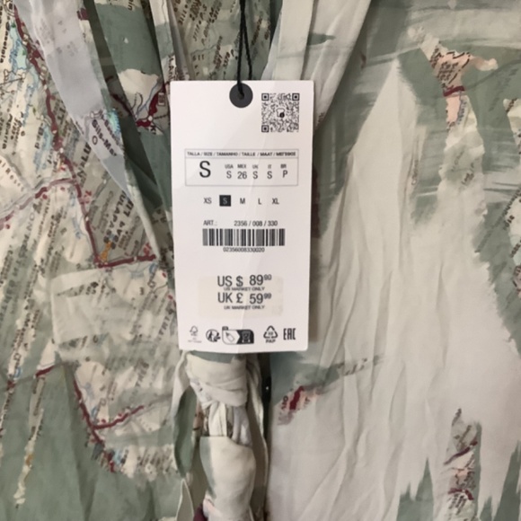 Zara ZW Collection Printed Tied Shirt Blouse Green Burgundy Mulicolored Small - Picture 3 of 11